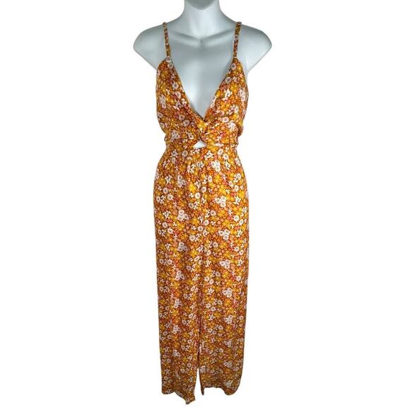 Larsyn & Lily Floral Burnt Orange Jumpsuit Smock Back Deep V-Neck Size Large - Picture 1 of 15